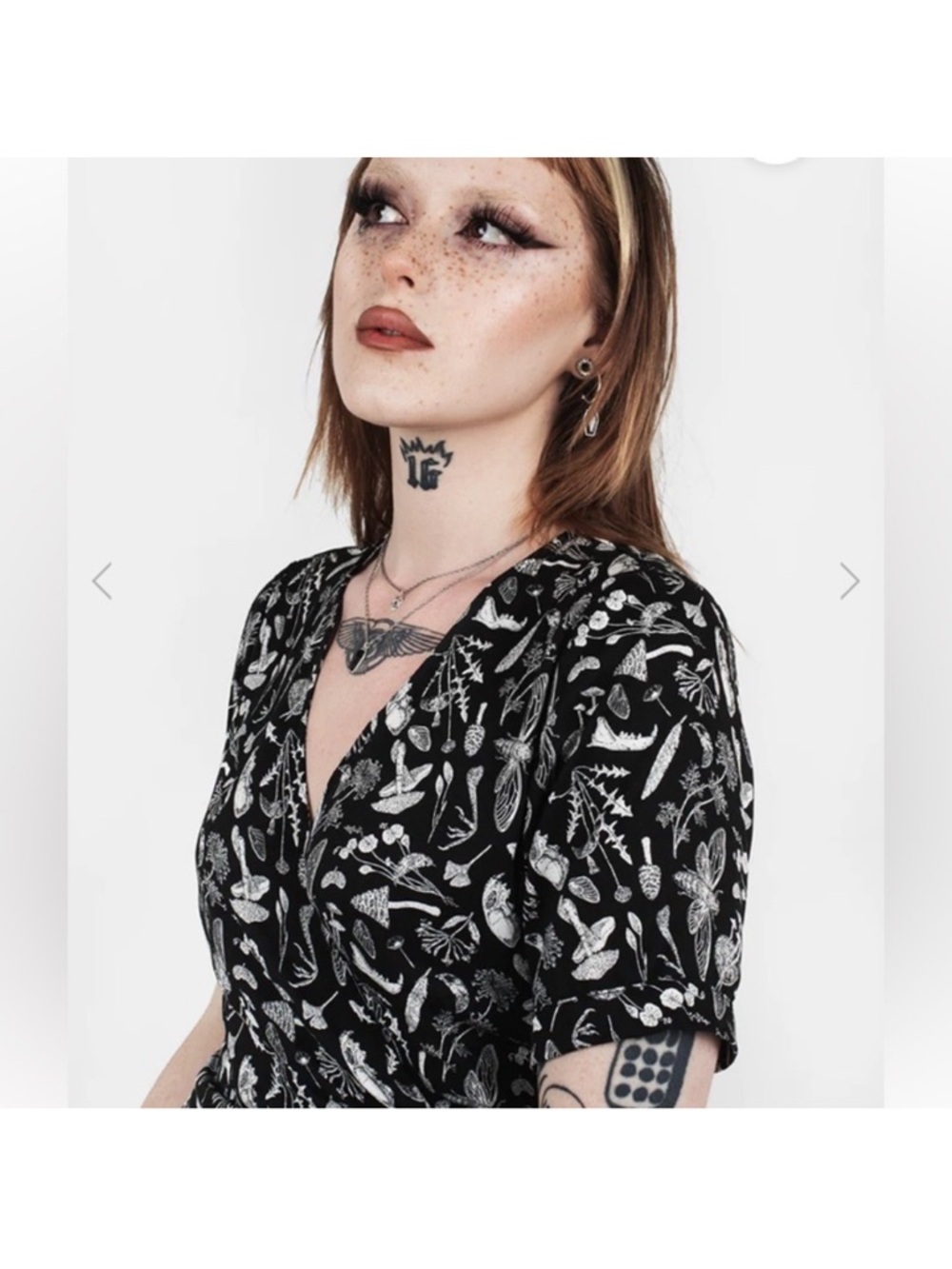 Disturbia Earth Magick black moths & mushrooms wrap midi dress 6 - Picture 4 of 15